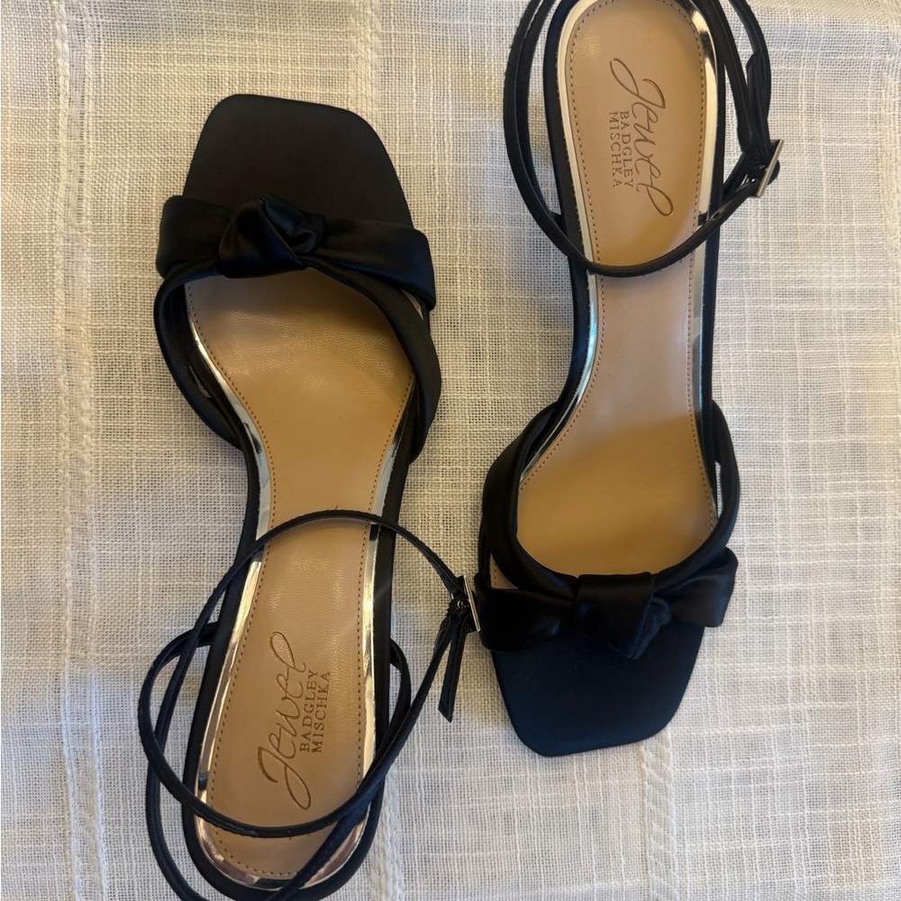 Jewel Badgley Mischka Black Satin Color Ankle-Strap Open Toe Heels NEW Size 8.5 - Picture 3 of 10